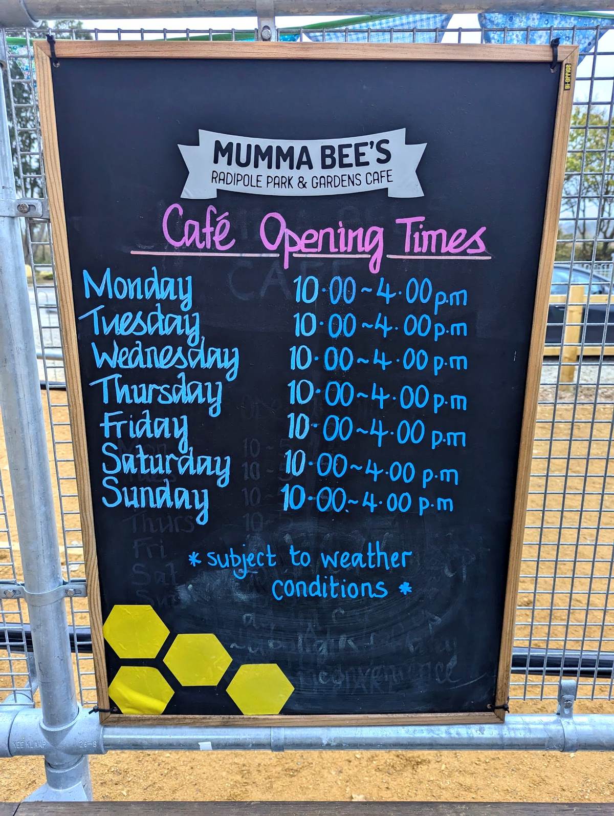 Café opening times board